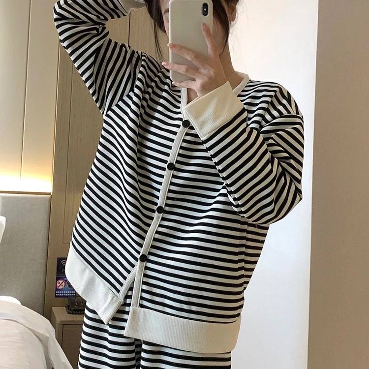 条纹高级感睡衣女士春秋季棉质长袖长裤冬款全棉可外穿家居服套装