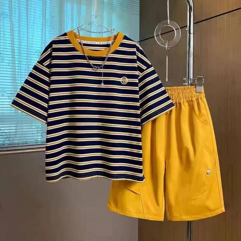 2025新款童装男童中大童休闲运动夏装短袖套装男孩炸街两件套9091