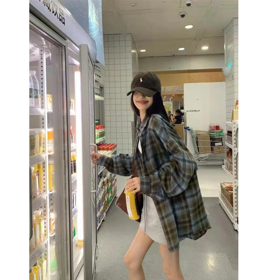 美拉蓝穿搭格子韩版衬衫外套女款秋季长袖时尚松弛感高级上衣衬衣