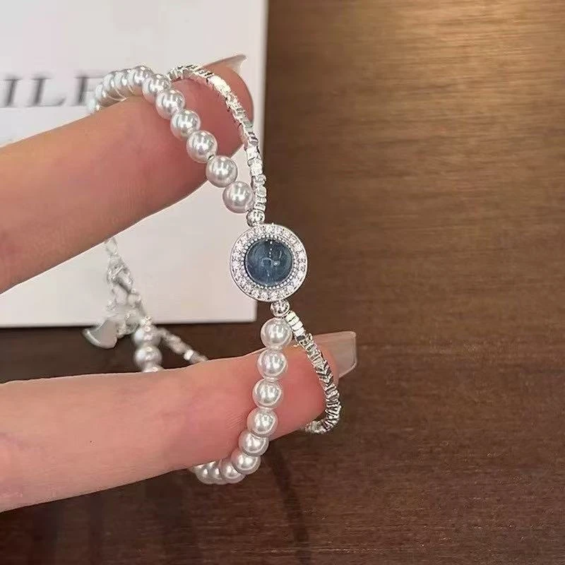 925银仿珍珠手链 东来同款海蓝碎银贝珠双层手链