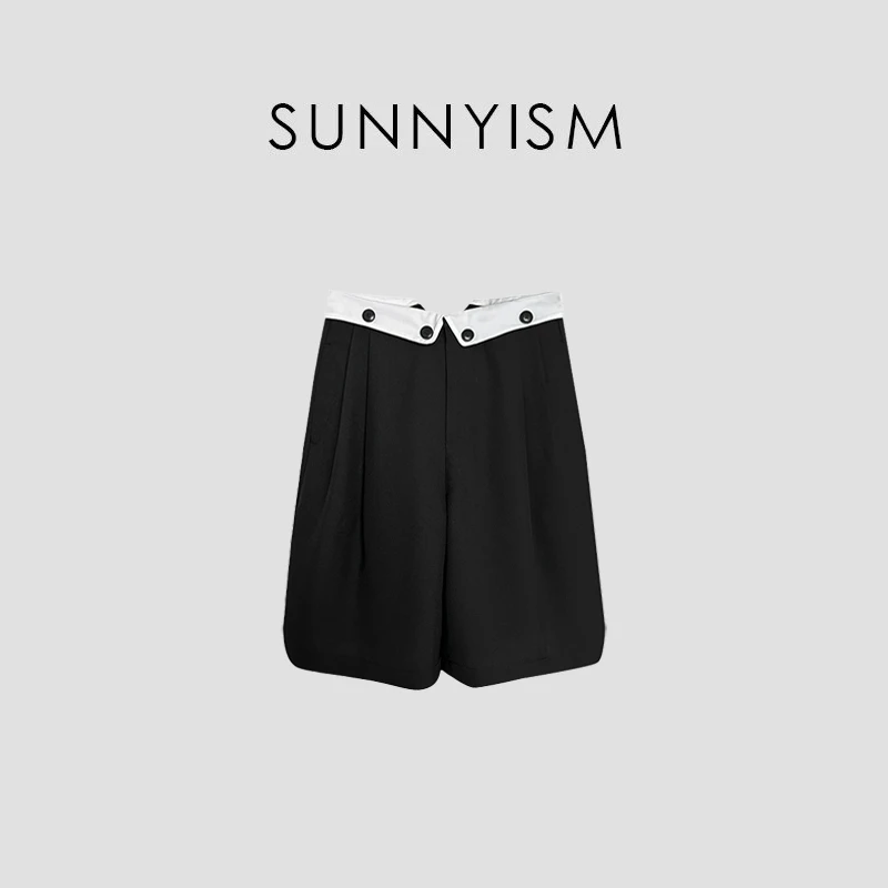 Sunnyism “豆包” 拼接腰头纽扣感黑色西装中裤 DK00635