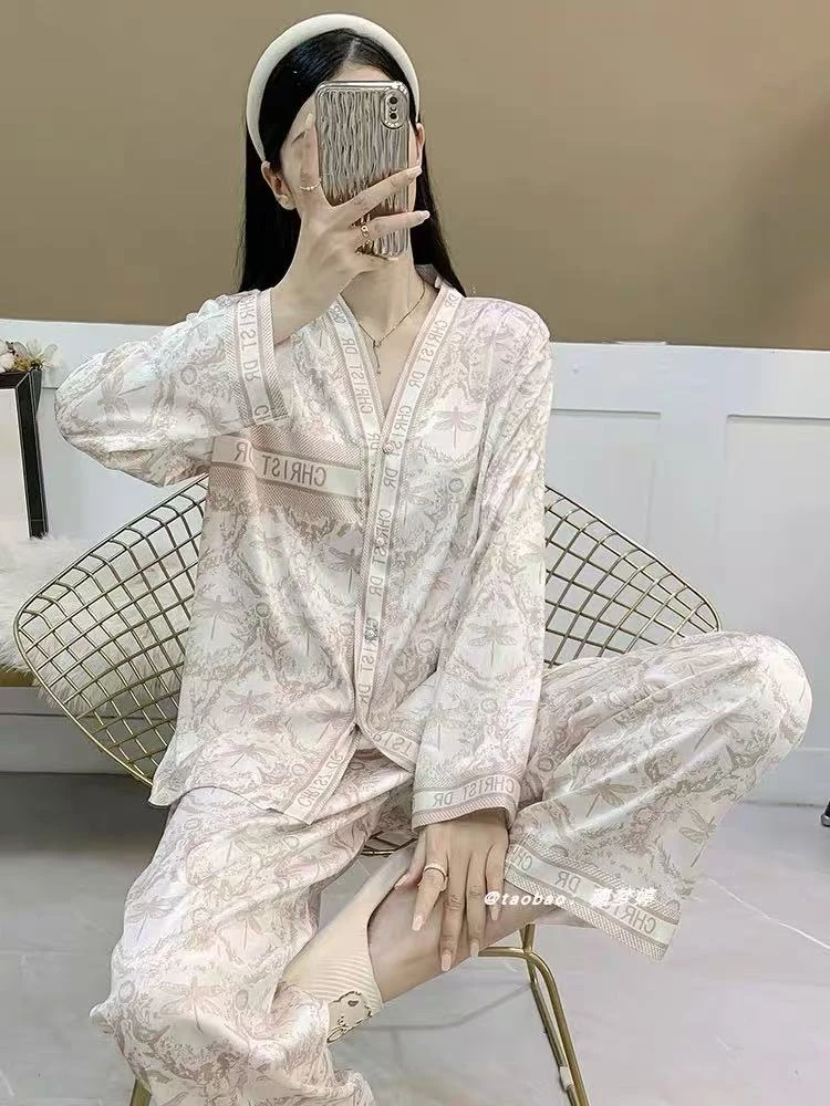 睡衣女春秋季长袖网红2024新款薄款仿真丝夏天V领家居服套装40001