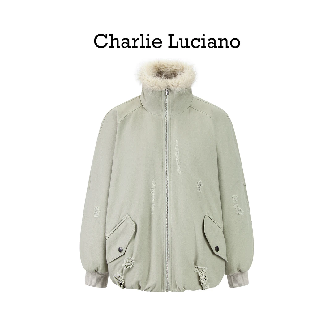 Charlie Luciano 做旧破坏毛领羽绒服 灰绿