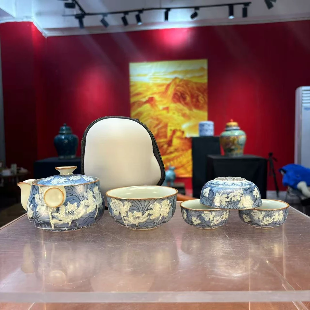 秋香茶具 掐丝银蓝彩荷花铜钱双耳旅行茶具便携式旅行茶具-6009