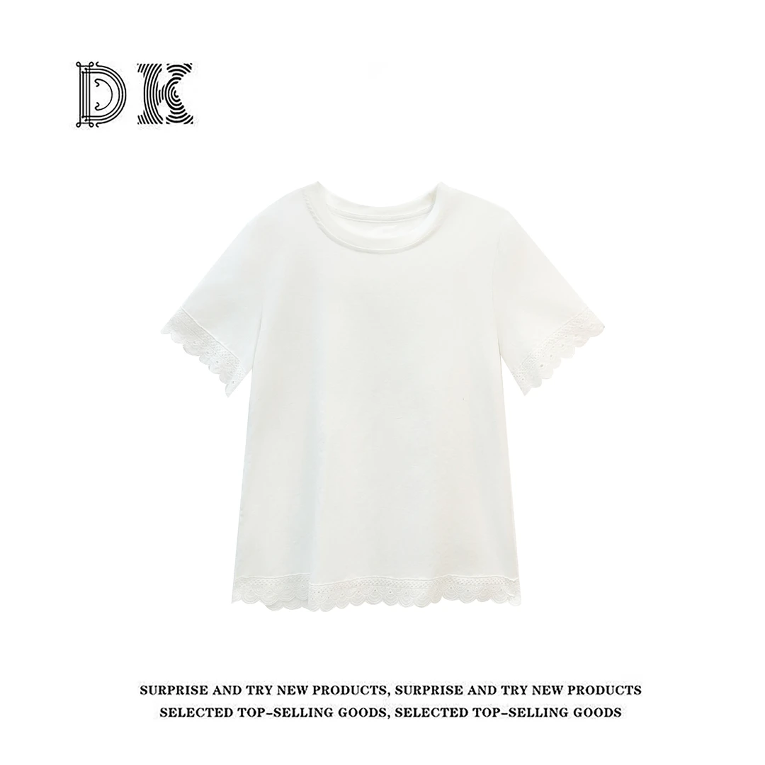 『白月光』2025年夏季新款纯色蕾丝拼接亚麻简约圆领T恤【DK】