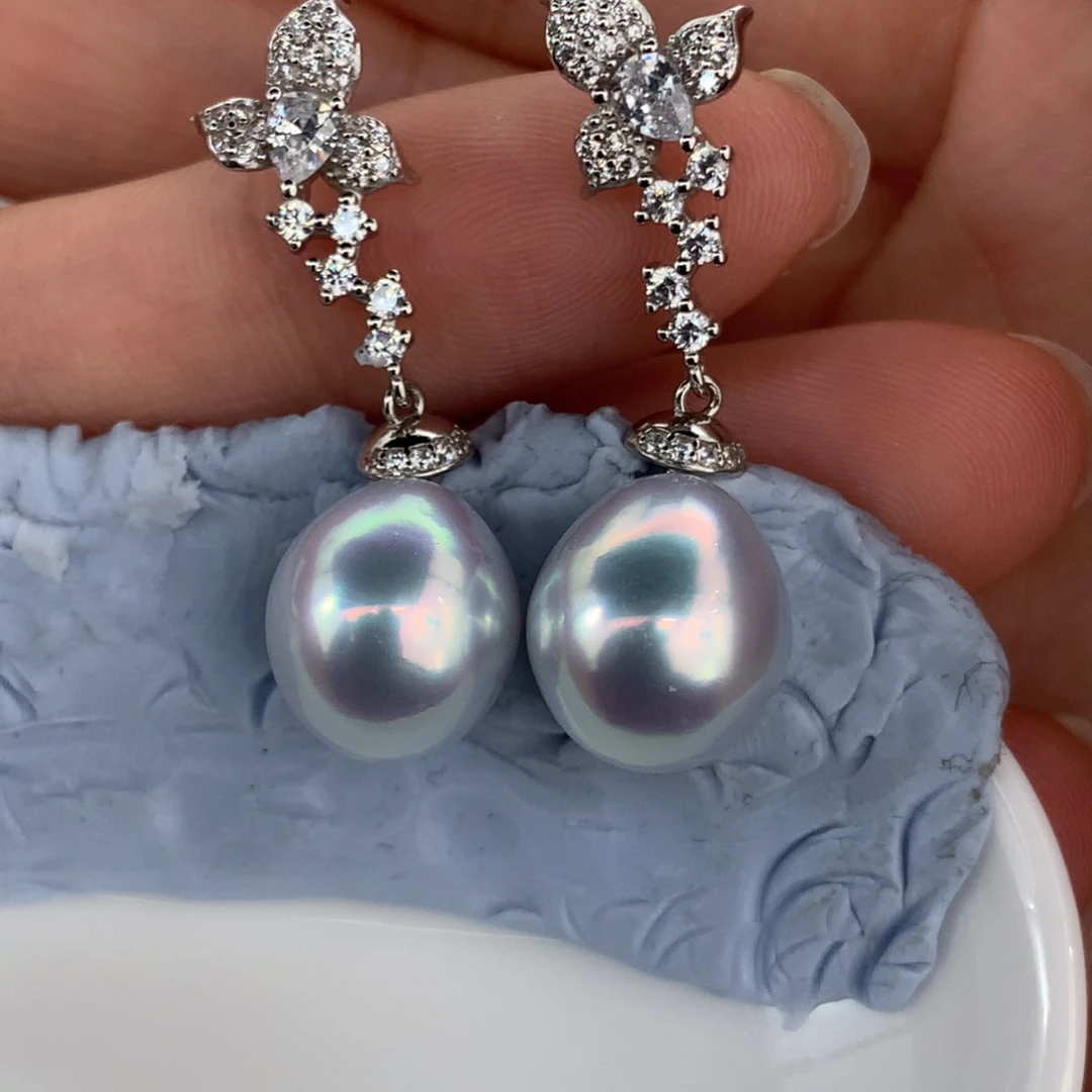 定制海水珍珠银S925镶嵌耳饰10-11mm银蓝炫彩澳白两颗