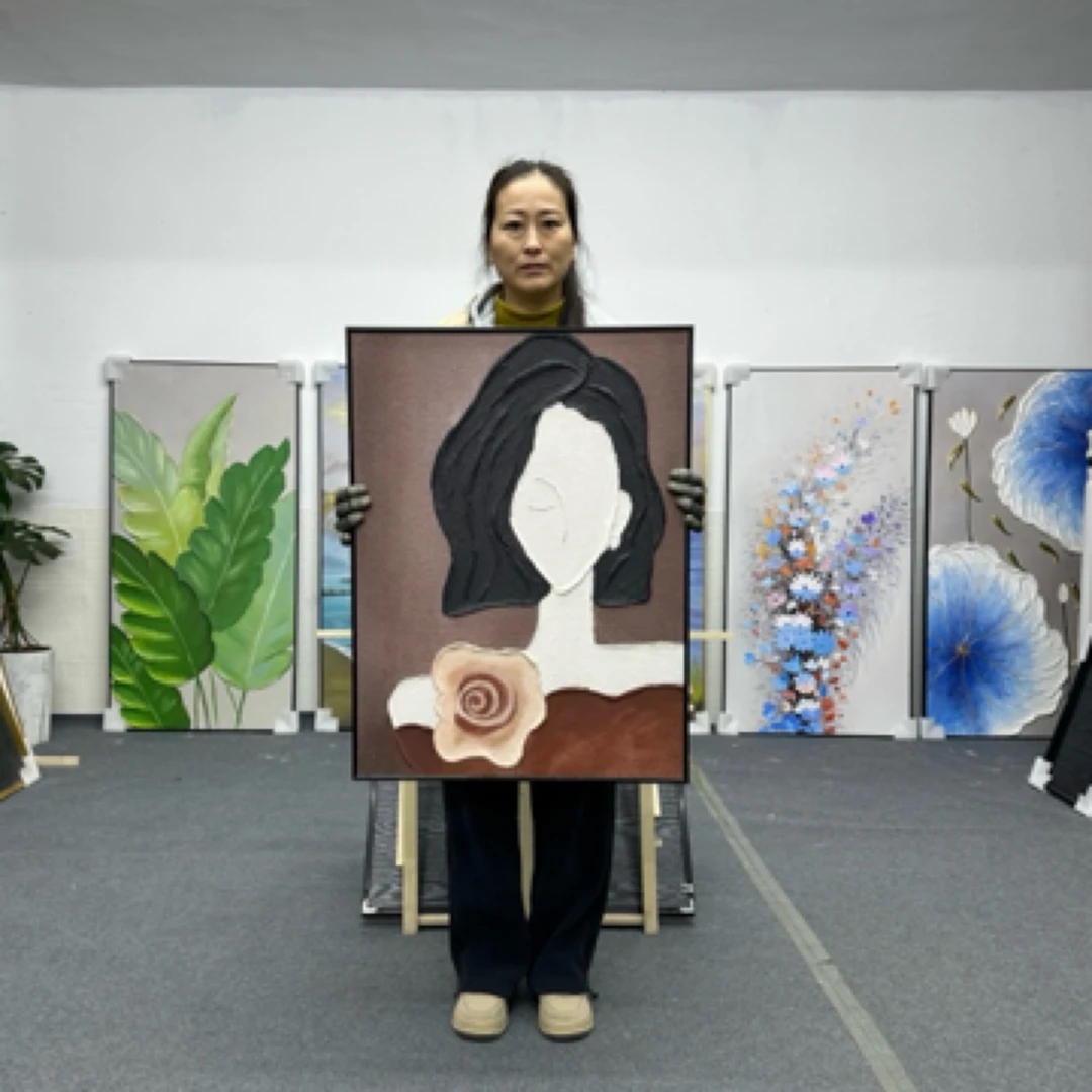 手绘抽象短发少女砂岩肌理油画人物艺术客厅装饰画6080