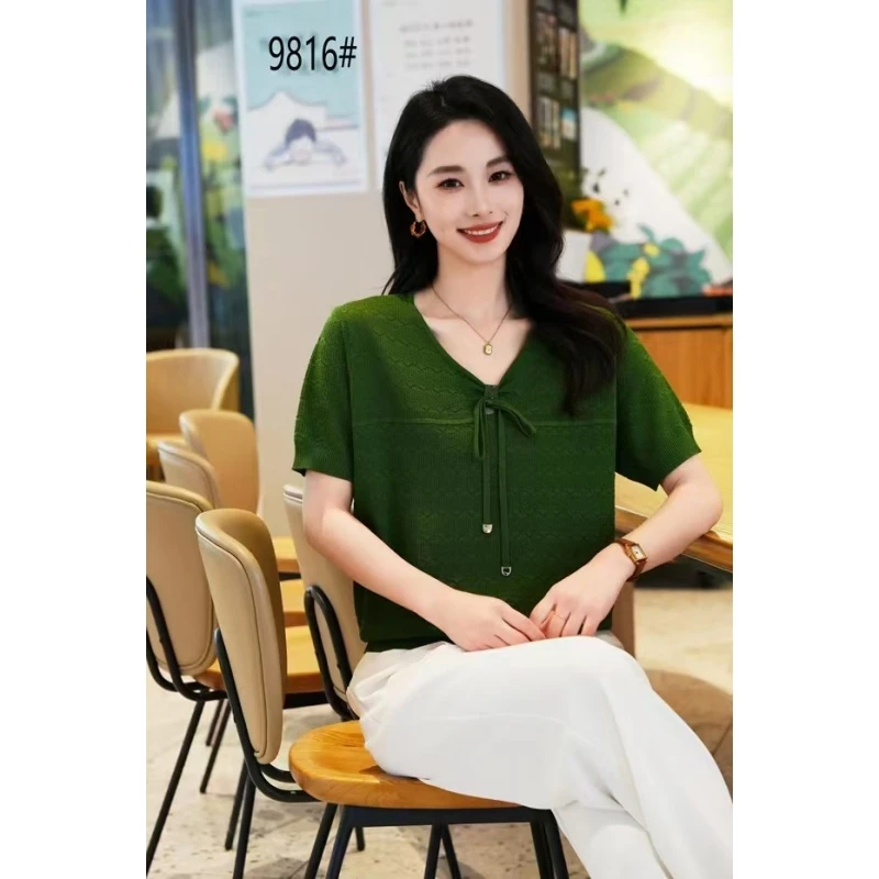 常规夏季9816短袖宽松型针织毛针织衫女装宽松v领时尚翻领显瘦