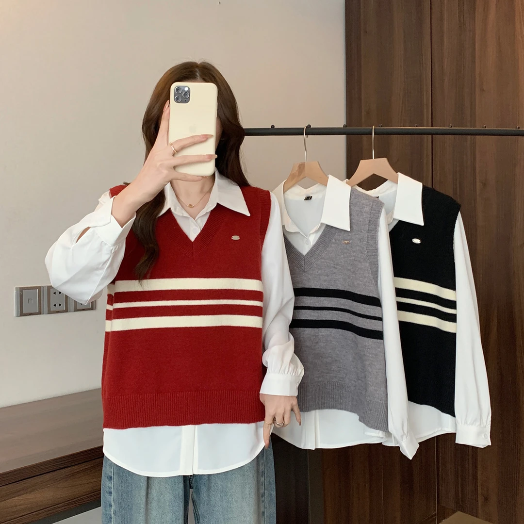 大码女2025春季学院风条纹针织马甲背心衬衫套装69313+62158