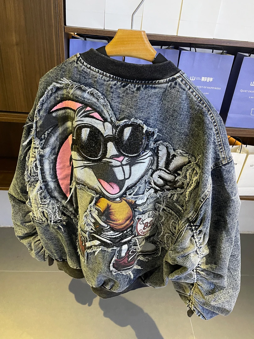 重工卡通动漫刺绣牛仔外套男女美式复古宽松设计感夹克棒球服潮牌