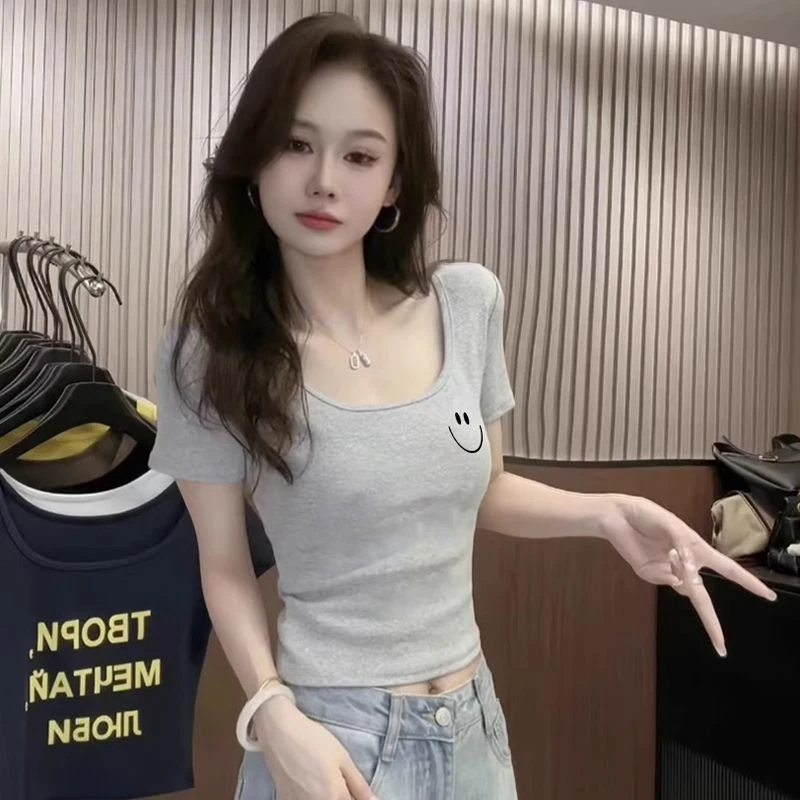 U领T恤ol打底衫夏季修身小众印花短袖短款百搭高腰辣妹显瘦上衣女