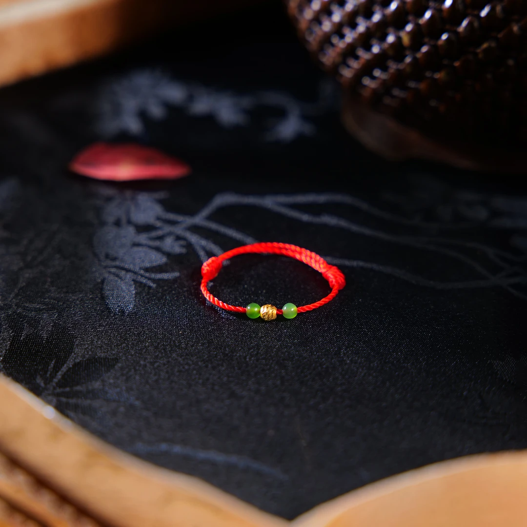 【小雨来了】和田玉碧玉配18k金珠戒圈 指环 多样性发一件