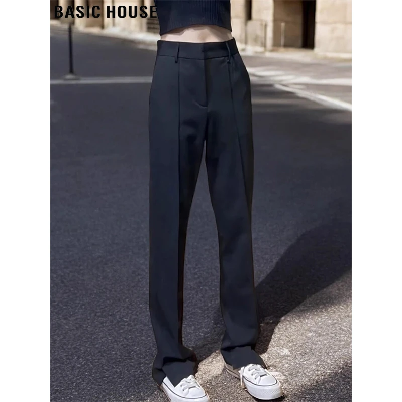 Basic House/百家好黑色窄版休闲西装裤女早秋高腰垂感修身直筒裤