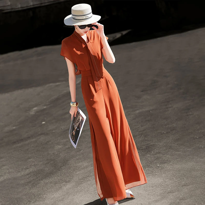 MEXCOCO/兰瑟儿夏新高级感飘带领飞飞袖收腰阔腿连衣裤105XH9403