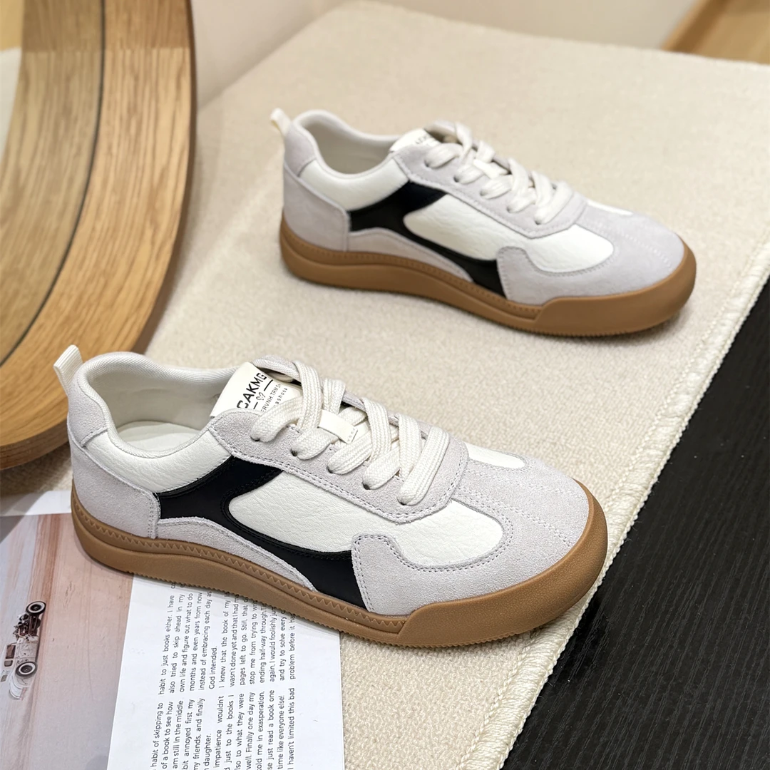 真皮复古拼色超火德训阿甘鞋女2025新款夏港风平底学院风休闲板鞋