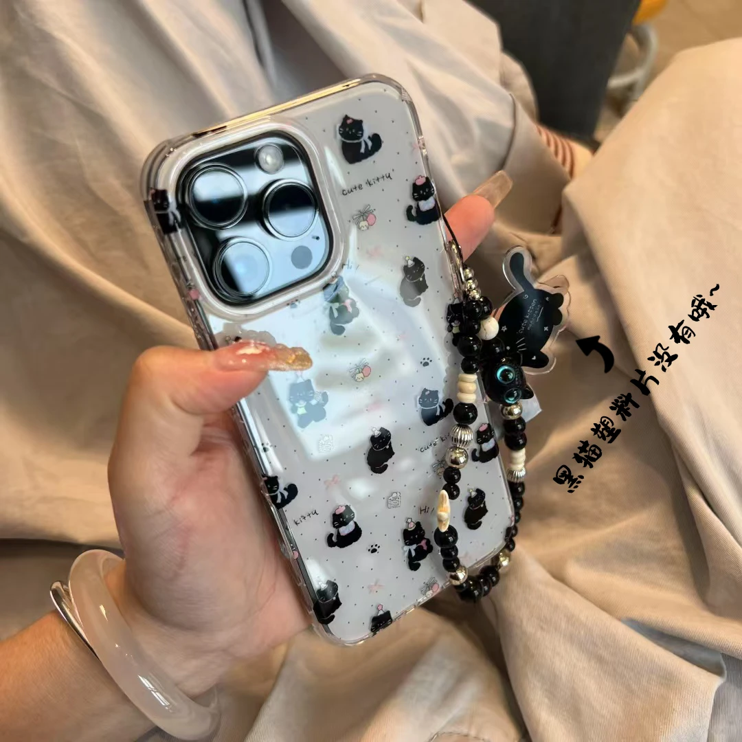 甜甜小黑猫挂绳适用iPhone16大孔手机壳华为P70vivo小米15oppo套