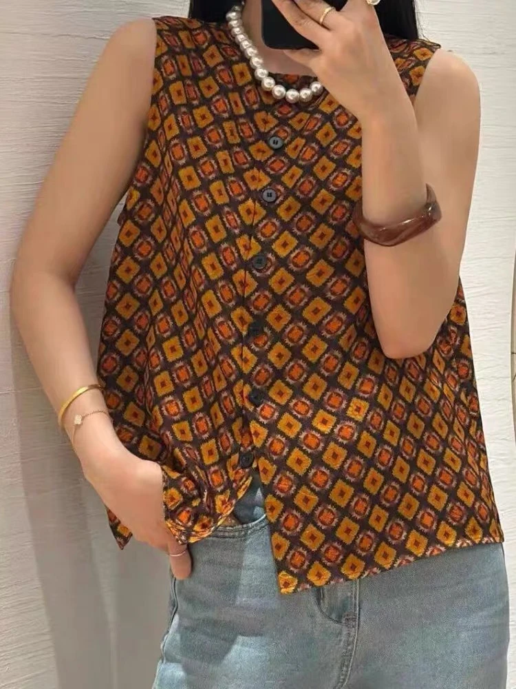 250198 夏季新中式国风两穿单排扣圆领无袖马甲背心百搭时尚