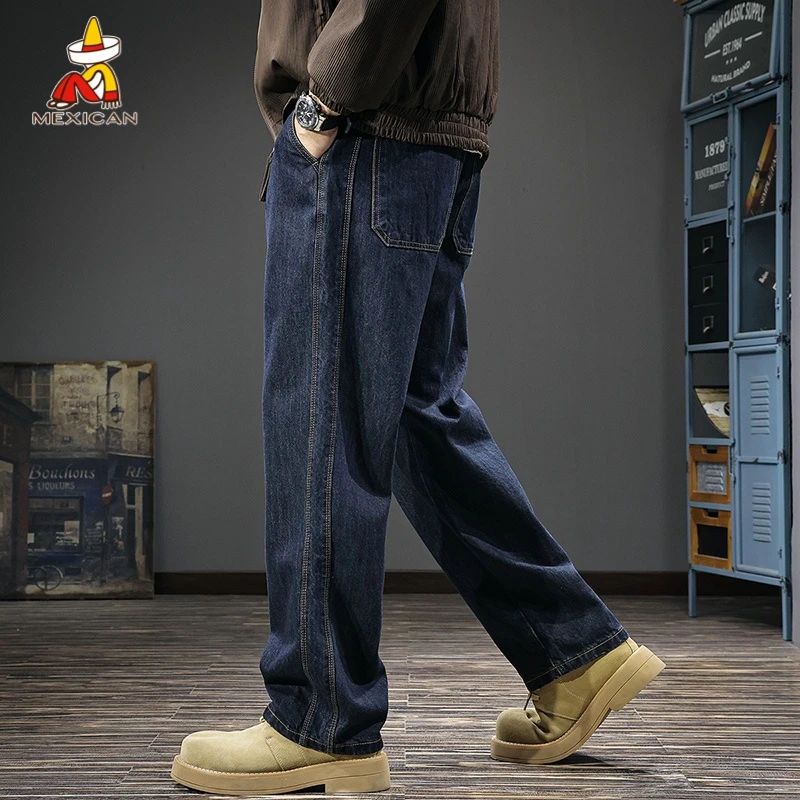 Mexican/稻草人秋季潮牌复古牛仔裤男款美式宽松休闲阔腿直筒长裤