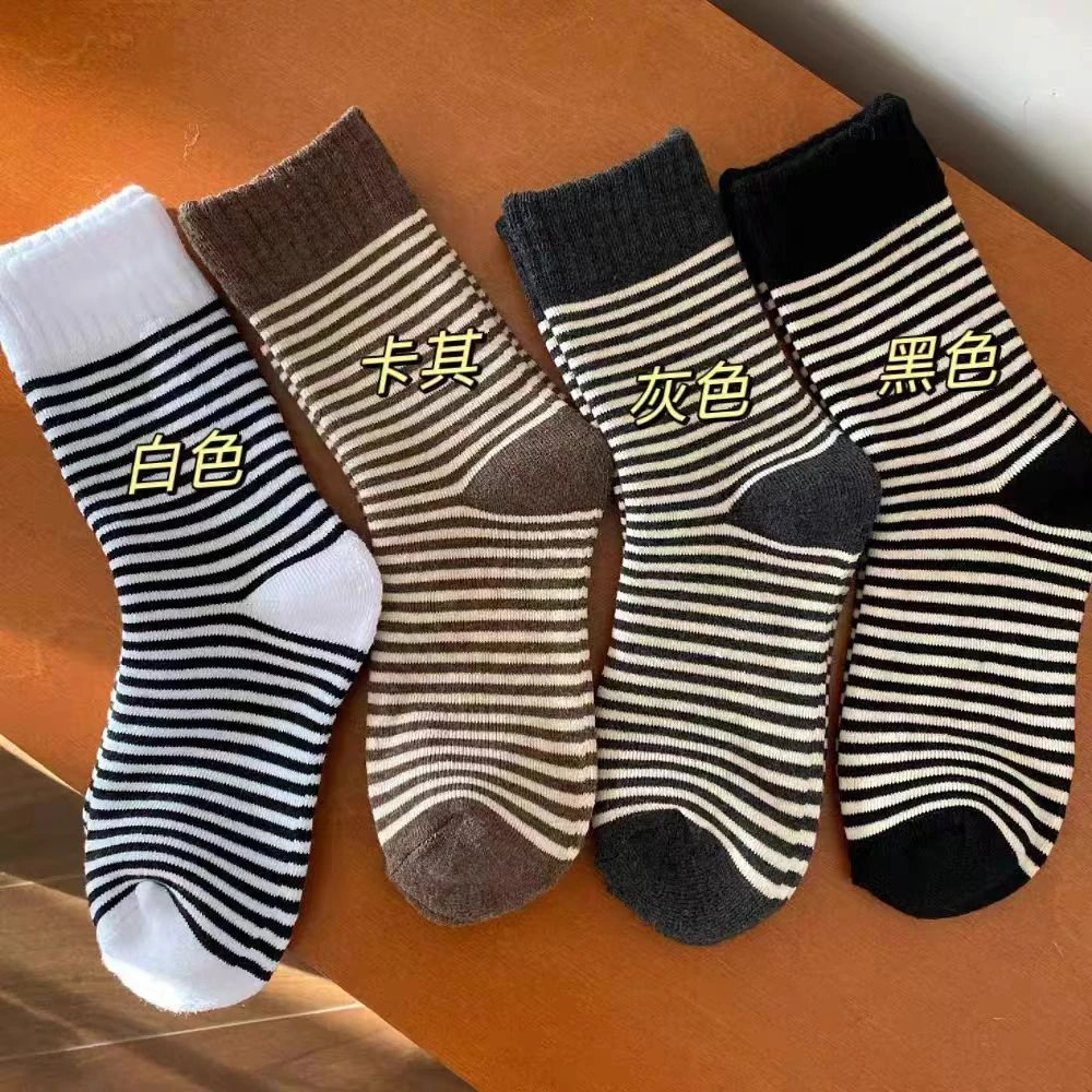 保暖加厚条纹毛圈中筒女袜撞色条纹复古美拉德堆堆袜春秋经典透气