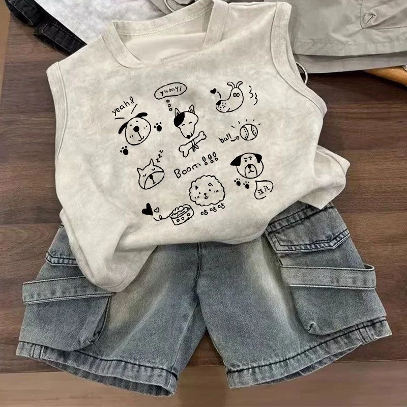 男童复古扎染无袖t恤2025夏季儿童酷帅时髦背心宽松休闲纯棉上衣