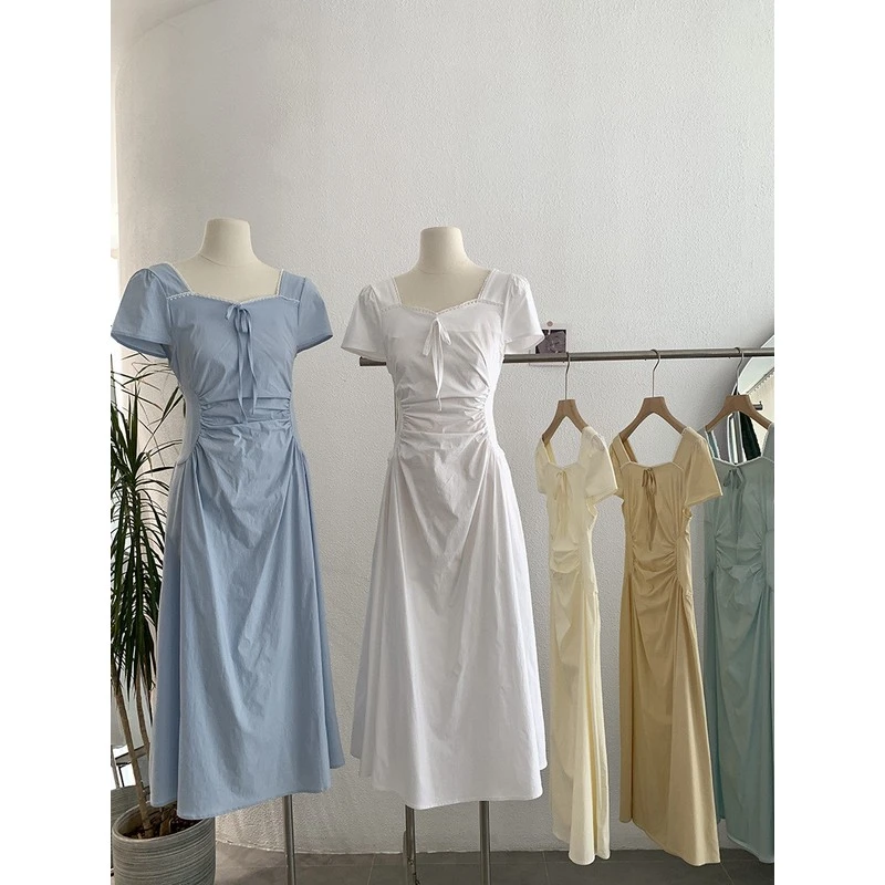 欧玛莱 方领拼接蕾丝花边蝴蝶结绑带收腰短袖中长款连衣裙女3037