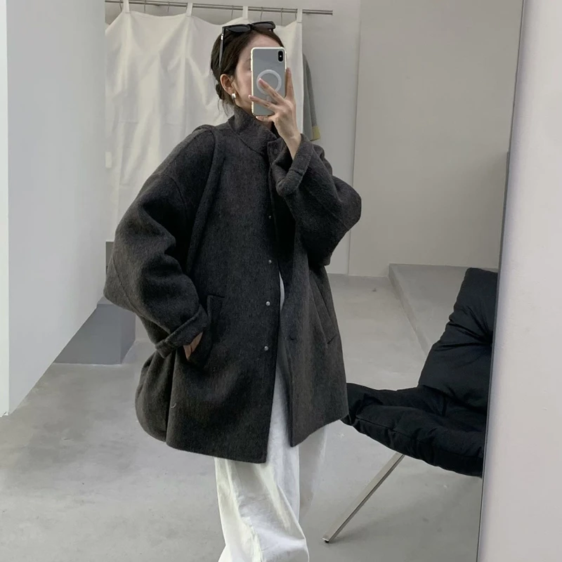 秋冬韩系双面手工缝制羊驼毛大衣女气质宽松高级感小个子毛呢外套