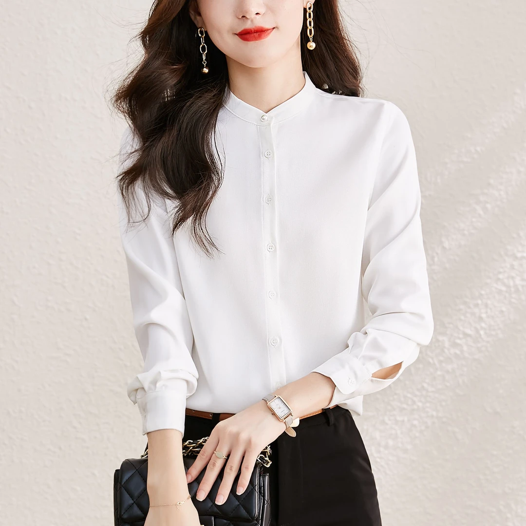2025新款法式白色衬衫女时尚纯色立领长袖上衣气质通勤简约薄衬衣