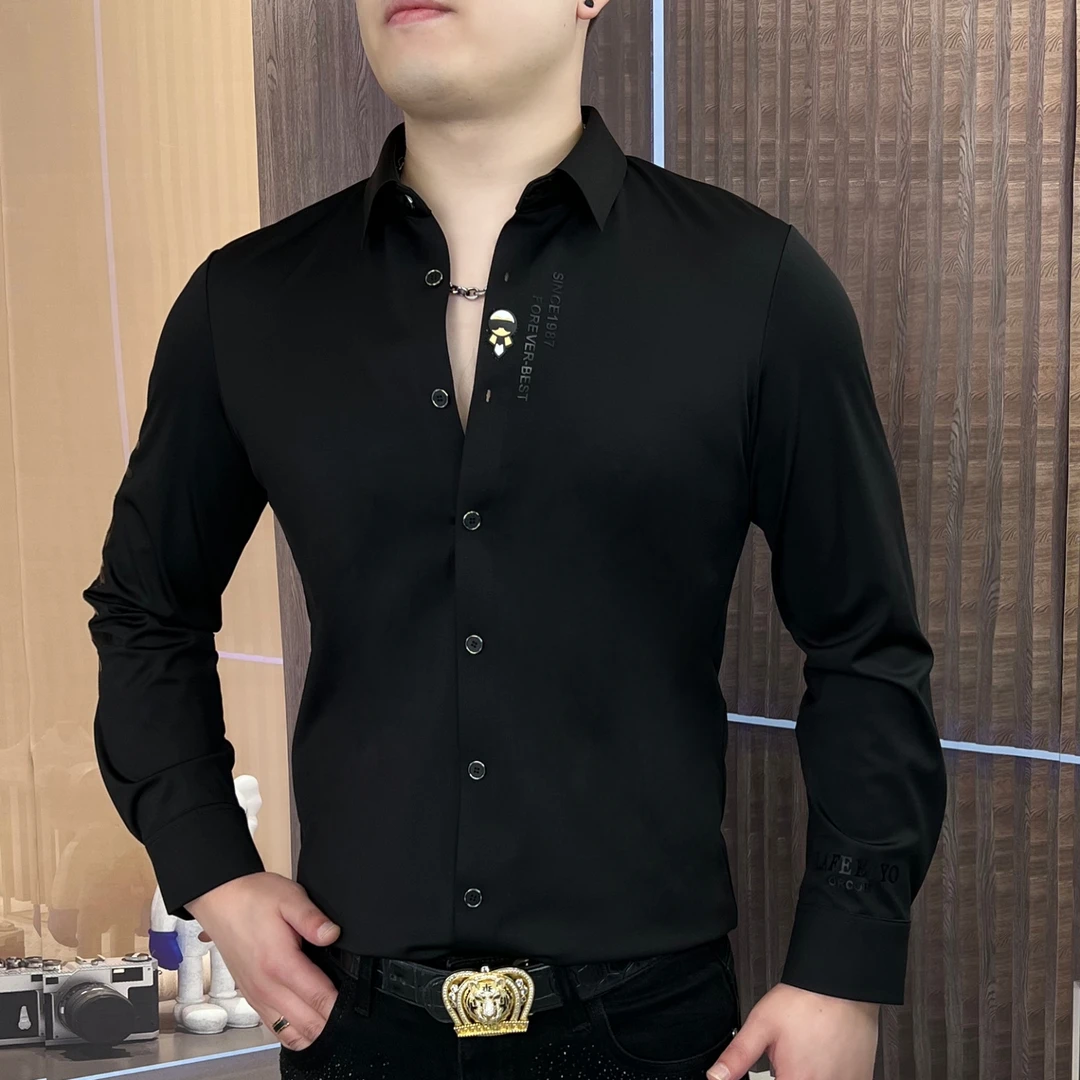2024新款长袖纯色翻领无痕衬衫帅气修身男士时尚潮流纽CLY-118
