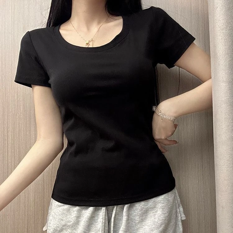 美式正肩内搭短袖T恤女欧货夏季纯欲风紧身U领上衣螺纹纯色打底衫