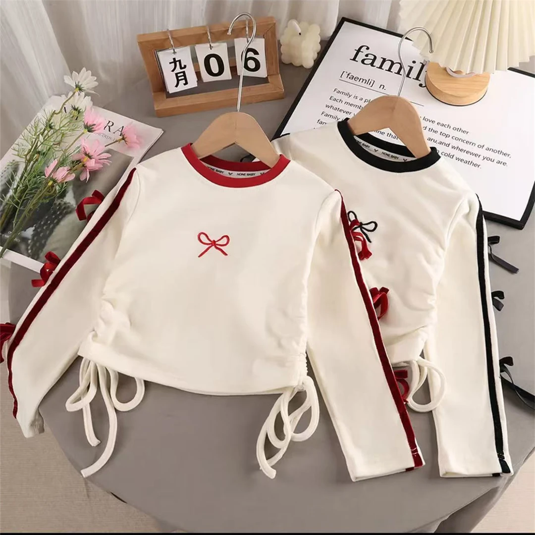 女童长袖T恤儿童2025新款春装小女孩蝴蝶结上衣中大童时髦打底衫