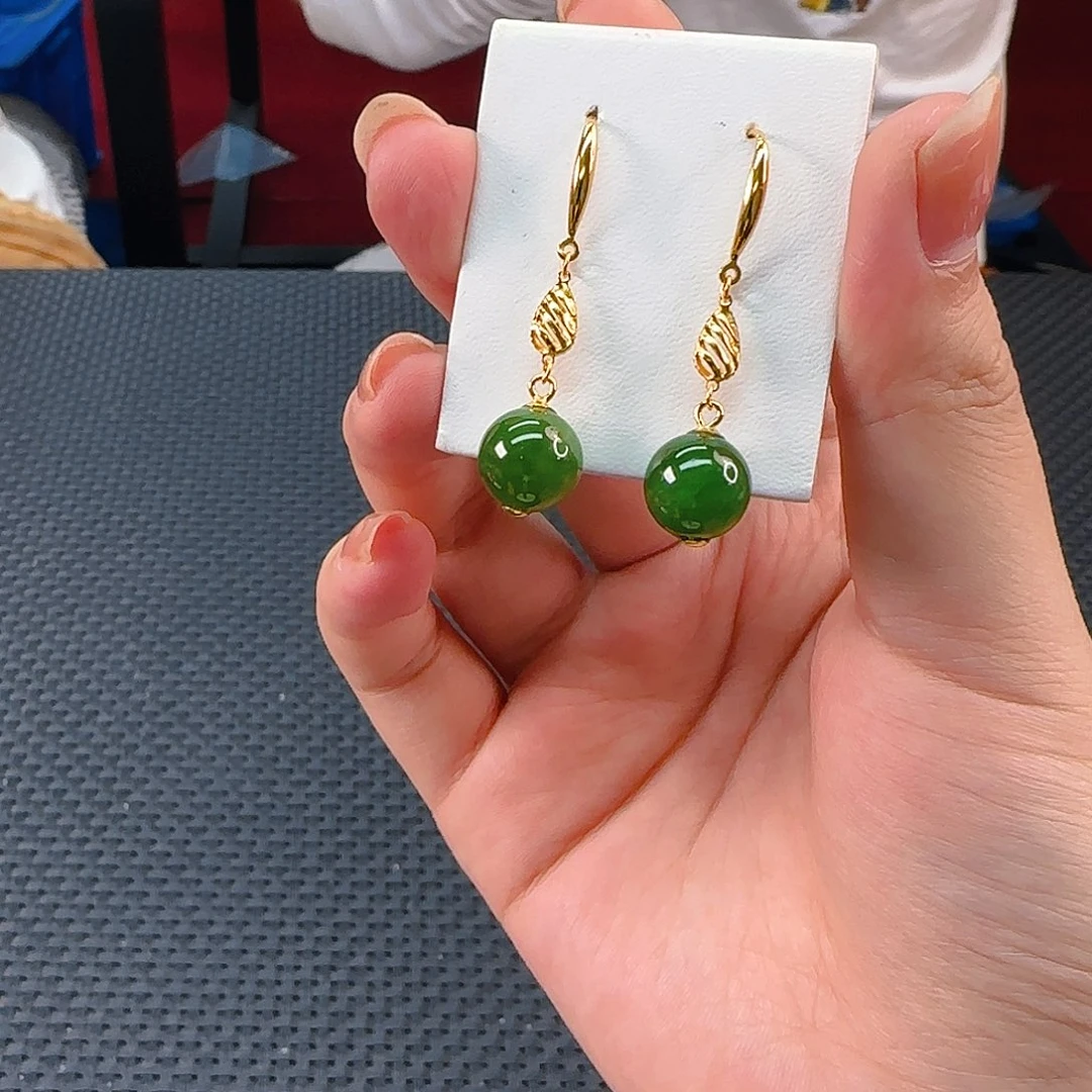 颈饰银S925镶嵌和田玉（碧玉）碧玉单珠耳环卡10 新款