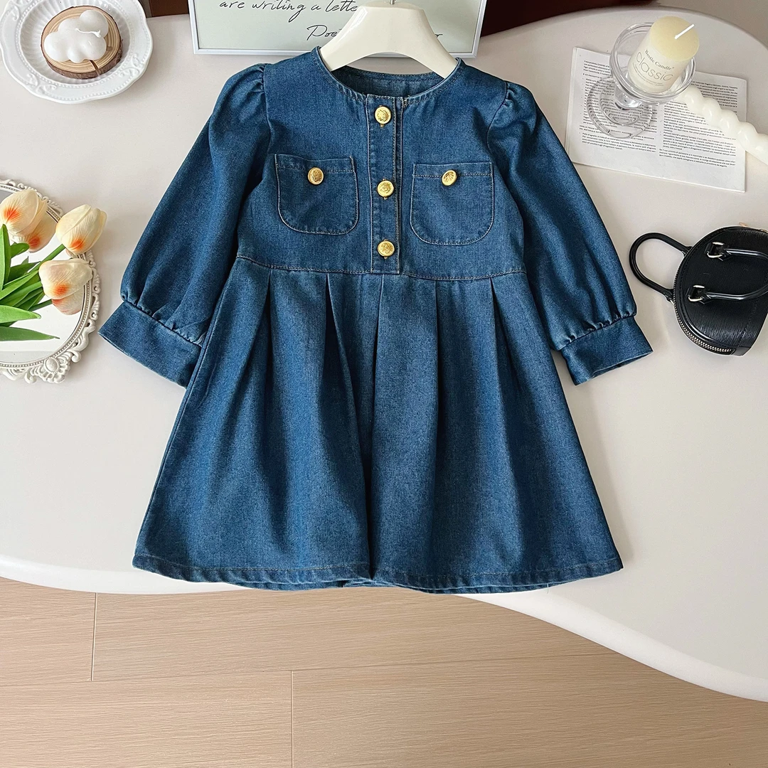 【森系·初见】春秋季新款时尚女童休闲宽松长袖牛仔连衣裙Q67322
