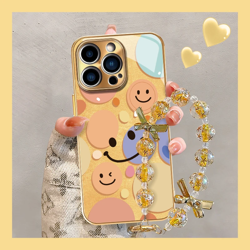 波点笑脸适用于苹果/华为/OPPO/VIVO/小米手机壳电镀玻璃壳女款