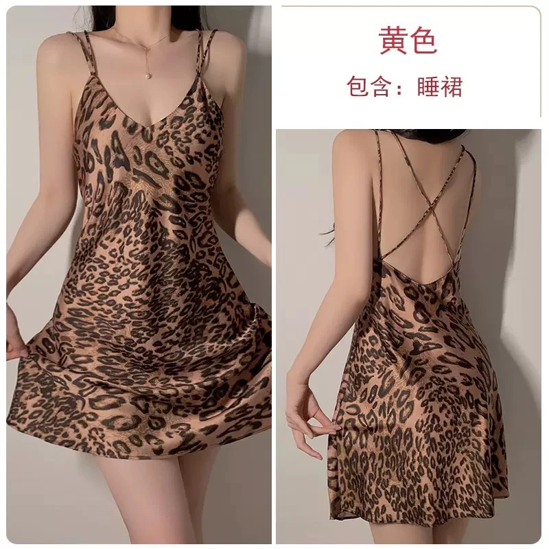 夏季性感豹纹露背吊带睡裙宽松休闲美背设计