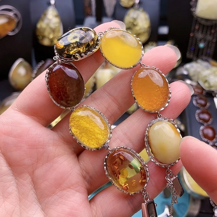 琥珀裸石银S925镶嵌妖***花手链