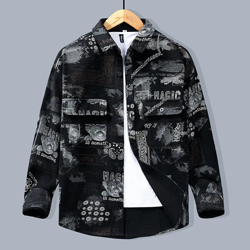 春秋秋季男长袖翻领青春流行衬衫印花男士宽松上衣薄款休闲CS8842