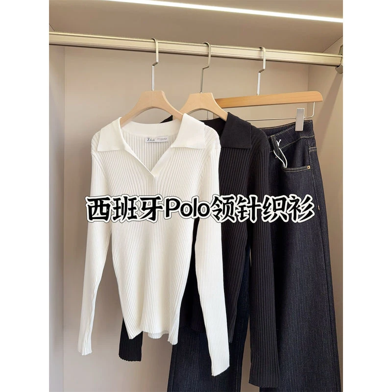 24年秋冬新款女装V领翻领弹力修身显瘦长袖针织衫