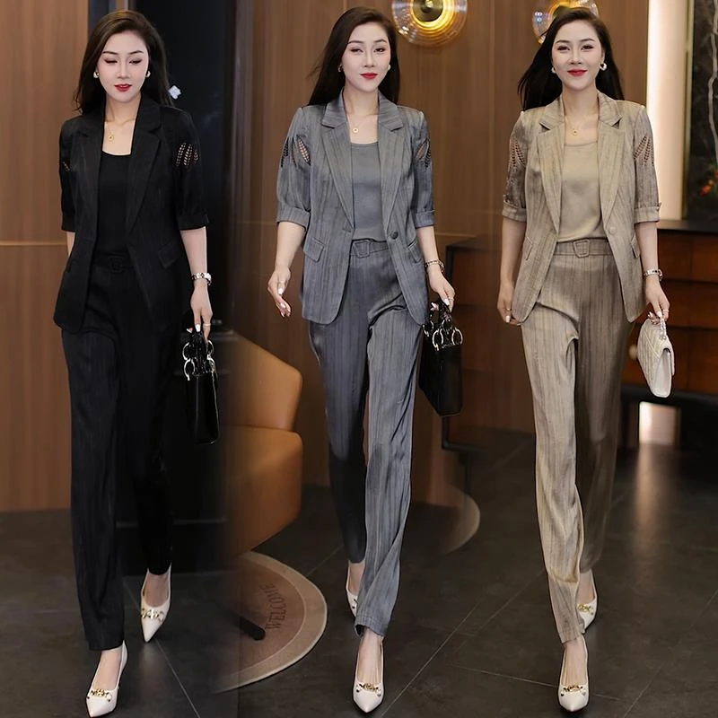 时尚垂感中袖西服套装女2025爆款气质薄款小西装阔腿裤三件套洋气