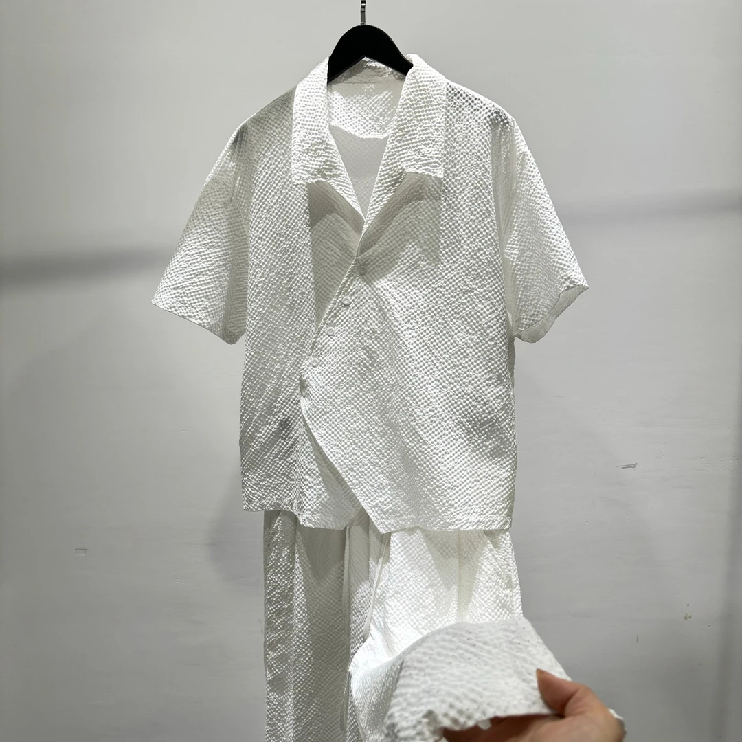 夏季时尚个性潮流设计感衬衫两件套男士舒适透气宽松休闲长裤套装