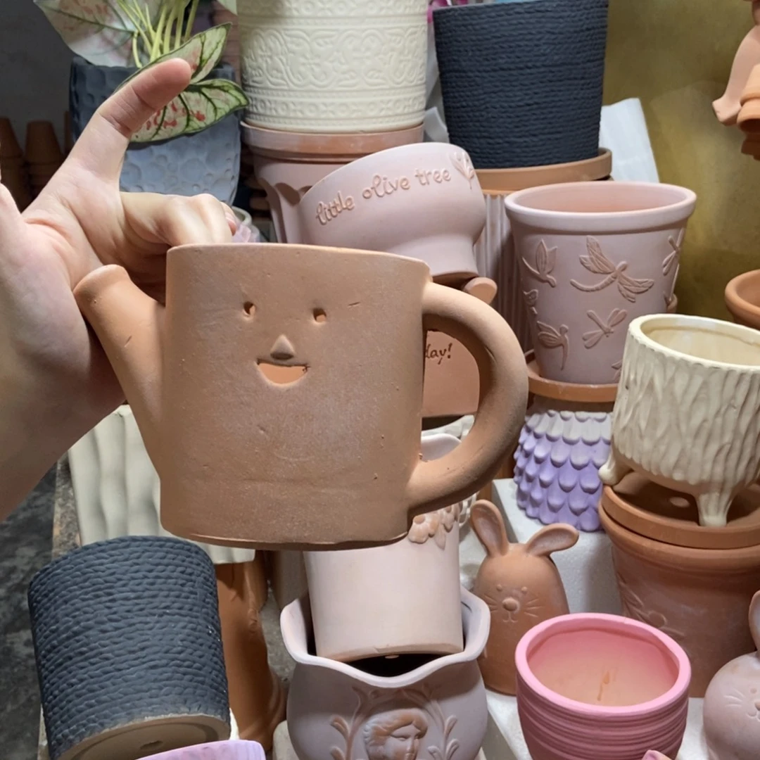 17×10手工笑脸水壶盆 粗陶1个