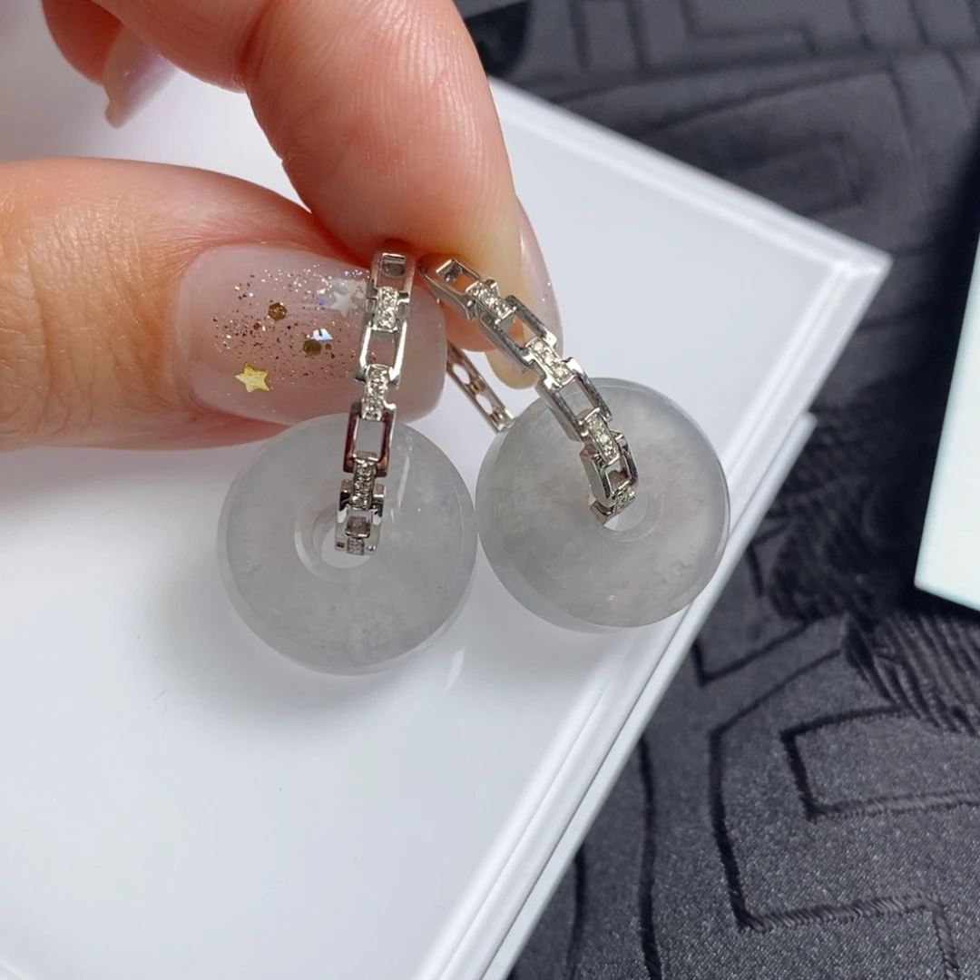 翡翠18K金镶嵌耳饰黑冰路路通➕链条耳包