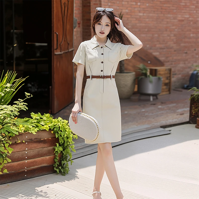 百搭连衣裙夏季高腰轻奢小个子polo领裙子收腰设计感设计师女款