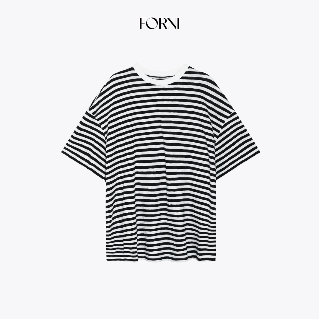 FORNI 私服条纹派 人手刚需100全棉撞色黑白条纹OS风落肩T恤