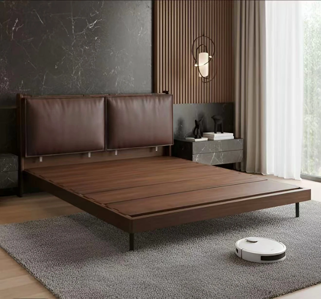 云梦床丨中古风主卧极简真皮床胡桃木实木床1.5米家用1.8米双人床