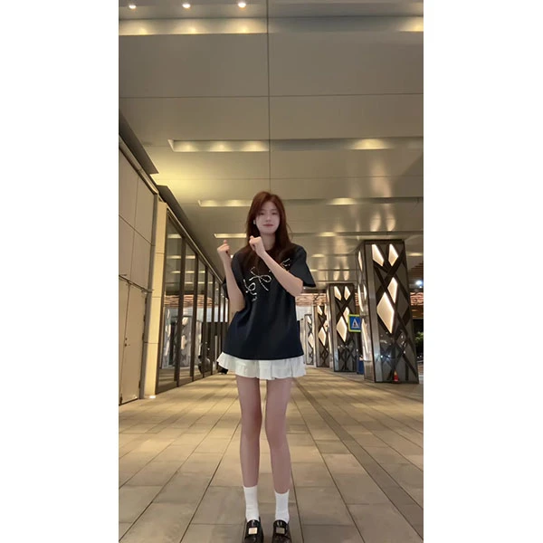 韩系立体钉珠蝴蝶结设计感短袖T恤宽松百搭夏季上衣裙子套装