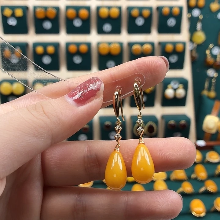 琥珀银S925镶嵌耳饰