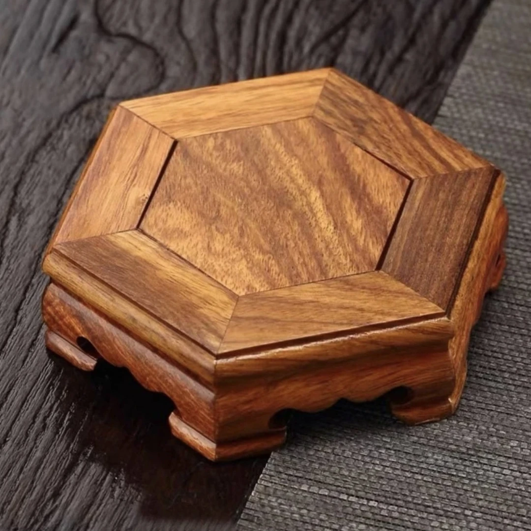 【刺猬紫檀六角小底座】手工木纹壶承垫茶道隔热垫茶具实木摆件展示