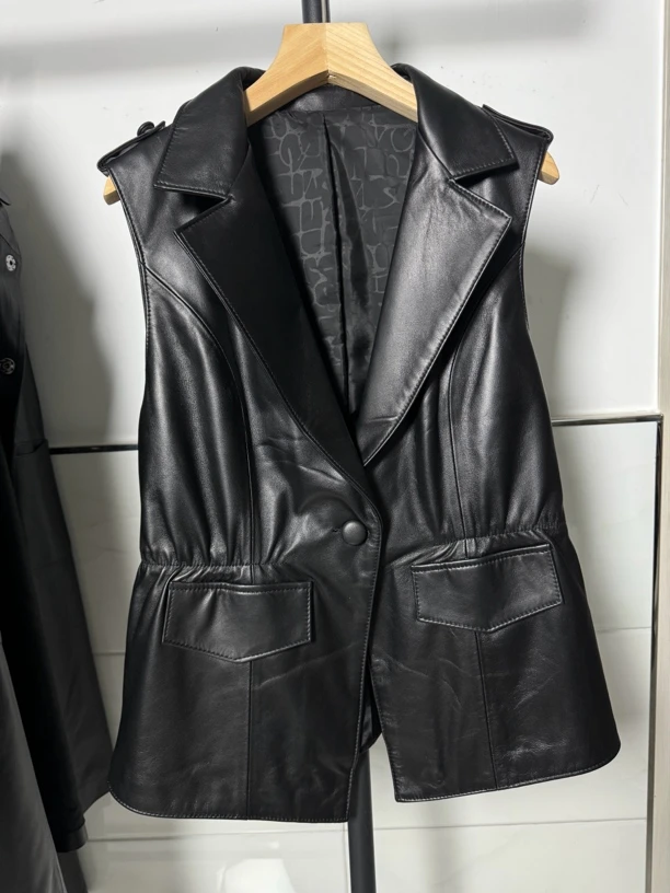 真皮绵羊皮皮衣马夹女西服领收腰款