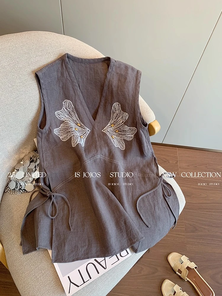 法式复古老钱风刺绣V领系带亚麻背心女夏季休闲宽松洋气无袖上衣