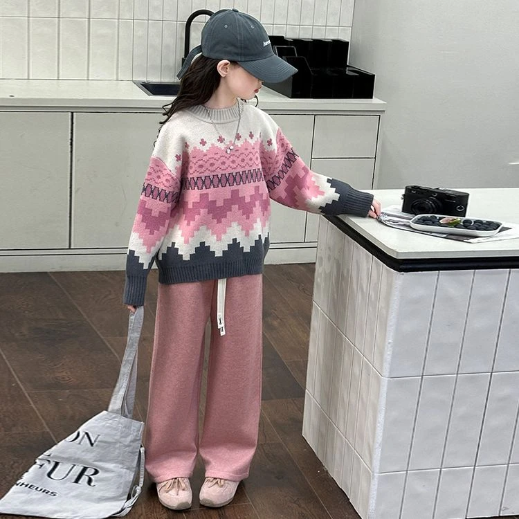 女童毛衣直筒裤套装2025秋冬新款洋气加厚针织衫冬季加绒阔腿裤子